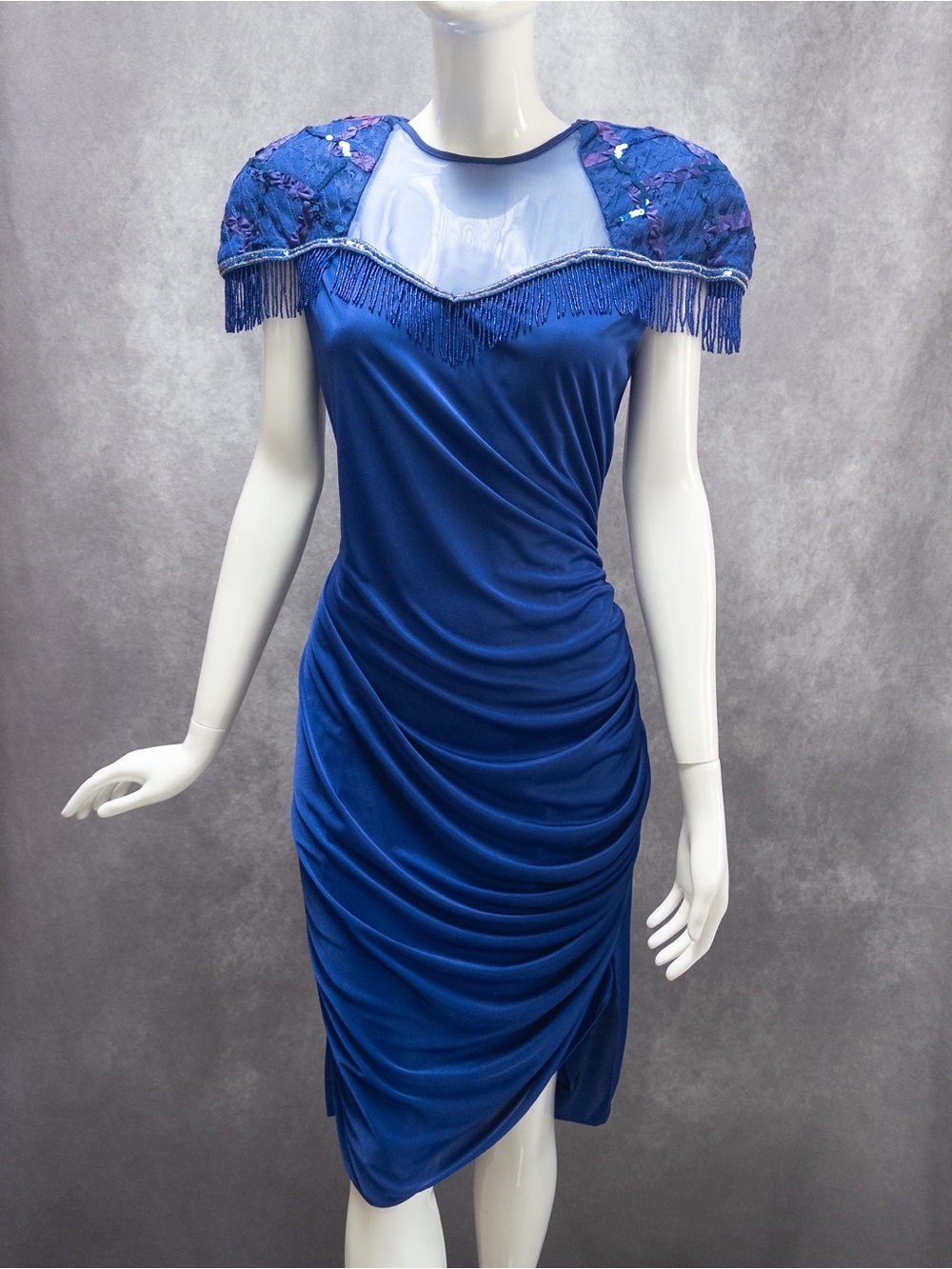 Vanna White Original Vintage 80s Blue Ruched Beaded Fringe Cocktail Dress, M/L